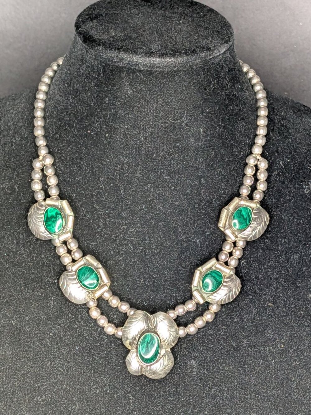 Lg Estate 1960s Native Mexican Malachite Dbl Strand Sterling Silver 18" Necklace